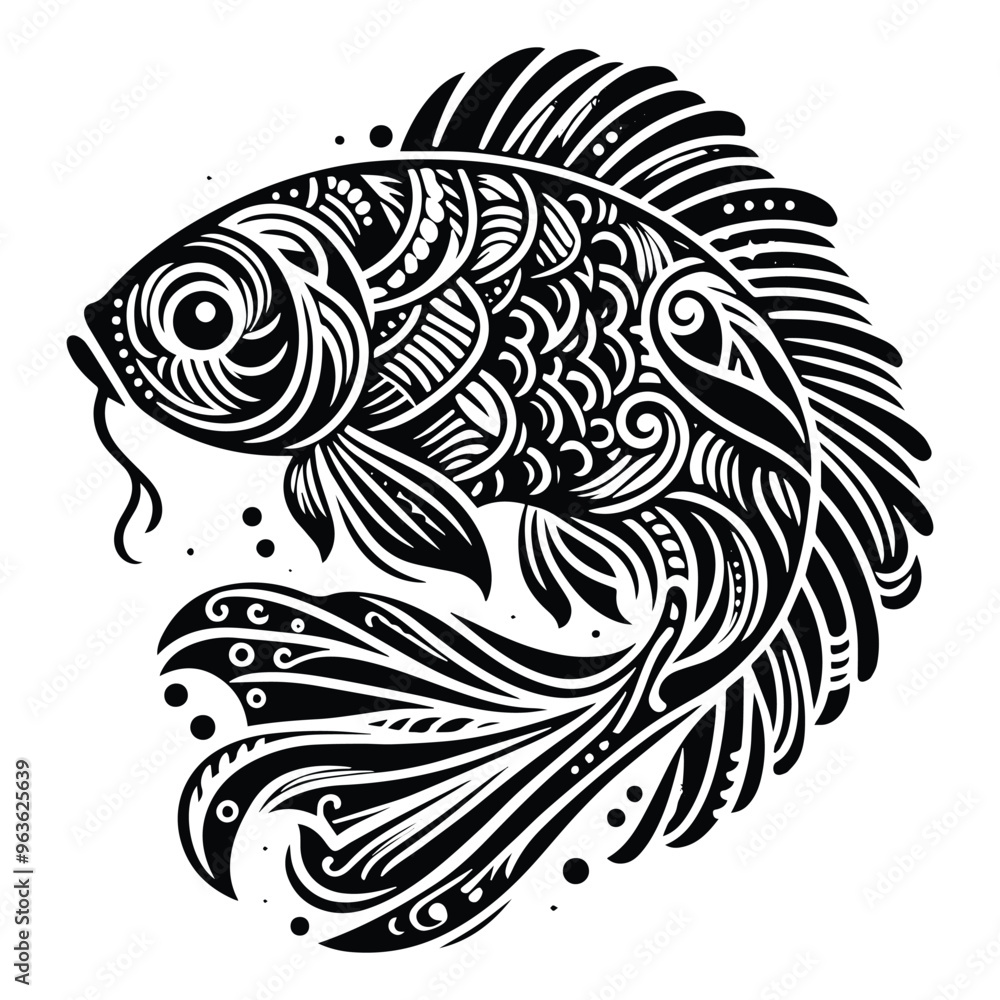 carp fish in zentangle art, stencil logo, black and white animal illustration carp fish in zentangle art, stencil logo, black and white animal illustration