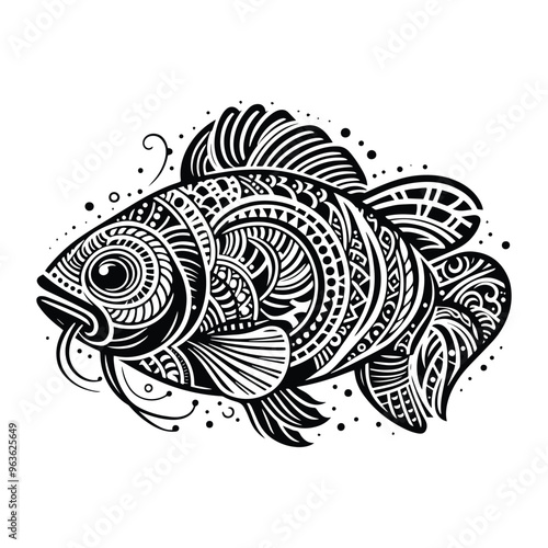 carp fish in zentangle art, stencil logo, black and white animal illustration