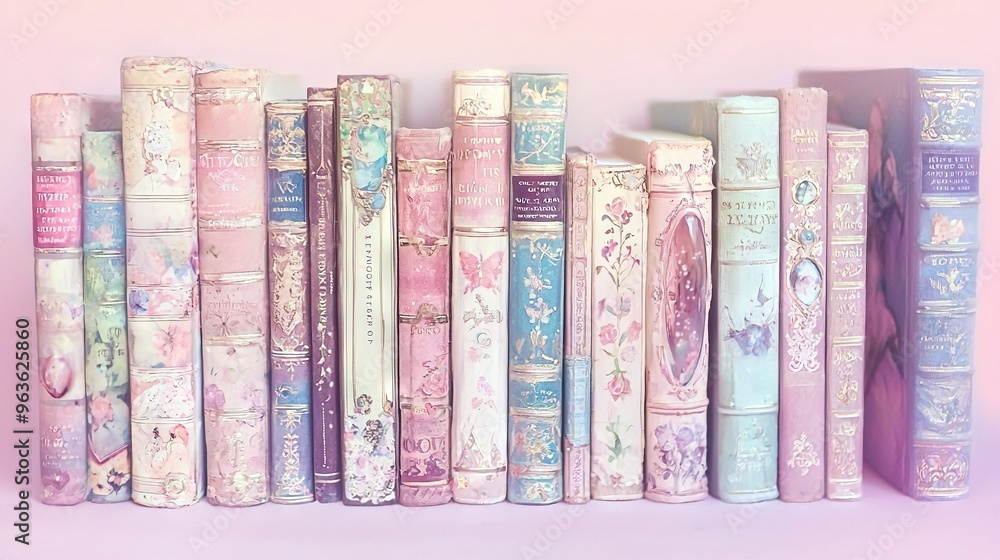 A row of pink and blue books arranged neatly on a pink table, perched atop a shelf A row of pink and blue books arranged neatly on a pink table, perched atop a shelf