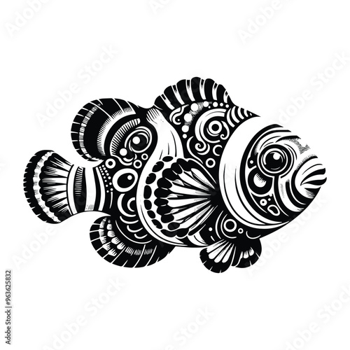 Clownfish in zentangle art, stencil logo, black and white animal illustration