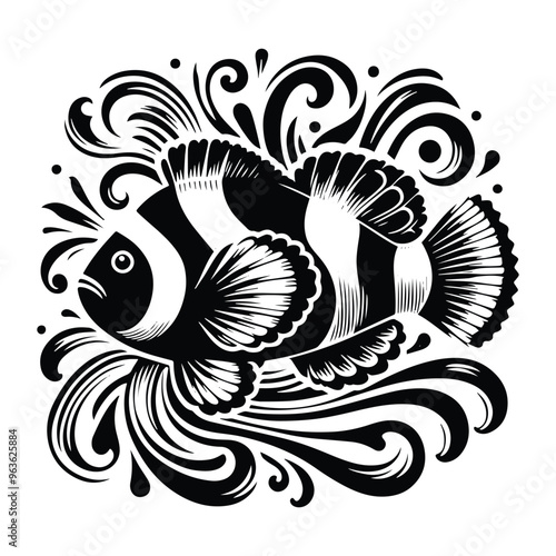 Clownfish with victorian flourish decoration, stencil logo, black and white animal illustration