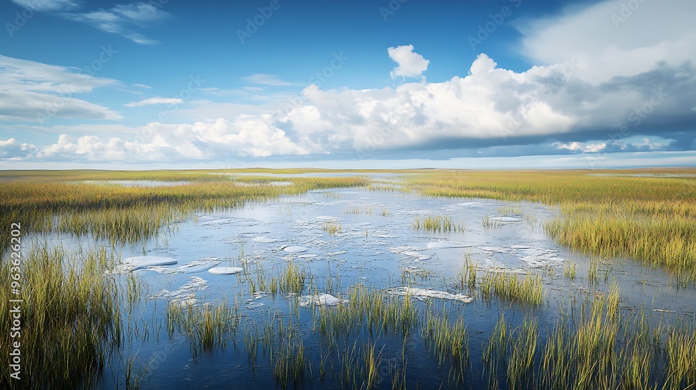 Arctic tundra transforming into wetlands, with melting permafrost releasing water, providing clear space for text and branding. Arctic tundra transforming into wetlands, with melting permafrost releasing water, providing clear space for text and branding.