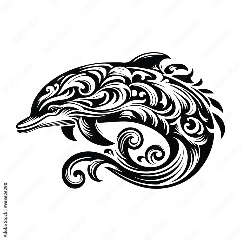 Dolphin fish with victorian flourish decoration, stencil logo, black and white animal illustration Dolphin fish with victorian flourish decoration, stencil logo, black and white animal illustration