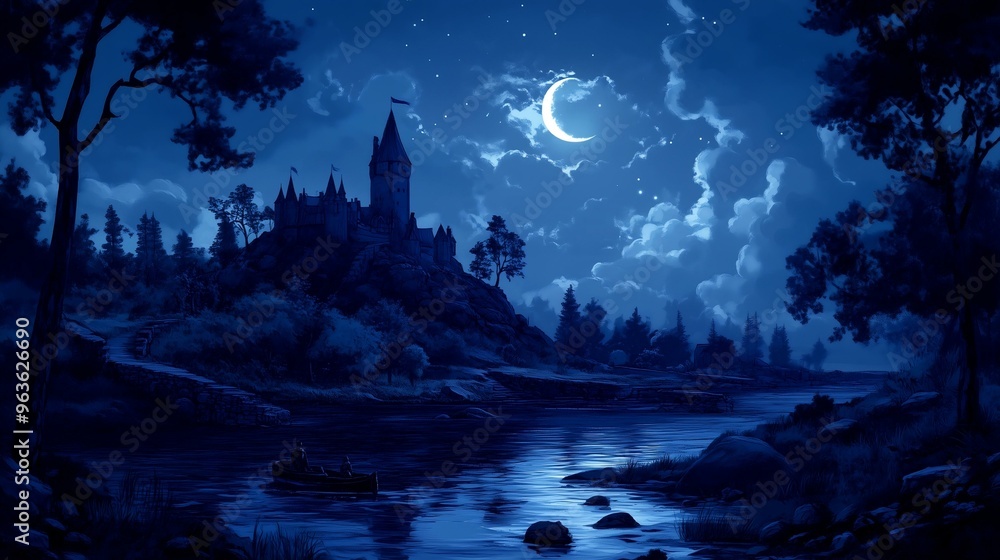 silhouette of fantasy castle in the moonlight silhouette of fantasy castle in the moonlight