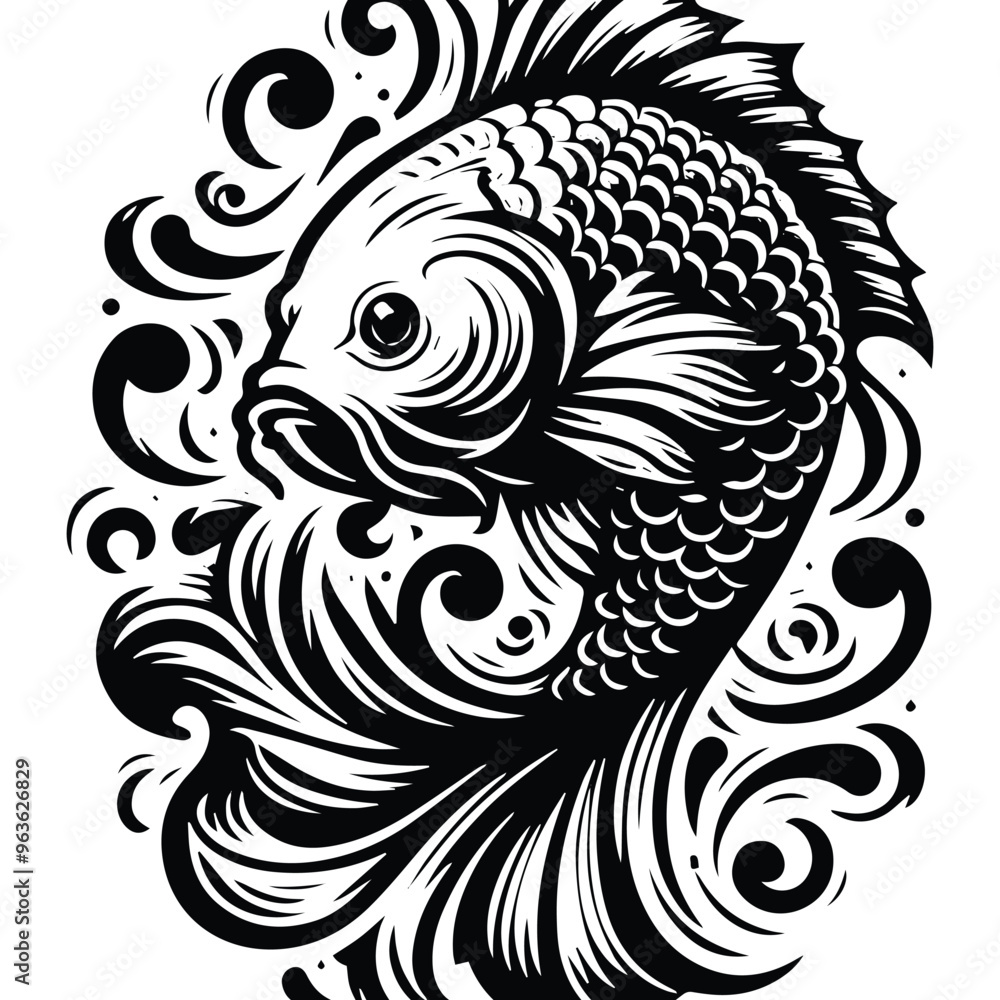 koi fish with victorian flourish decoration, stencil logo, black and white animal illustration koi fish with victorian flourish decoration, stencil logo, black and white animal illustration