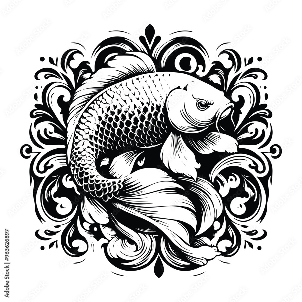 koi fish with victorian flourish decoration, stencil logo, black and white animal illustration koi fish with victorian flourish decoration, stencil logo, black and white animal illustration