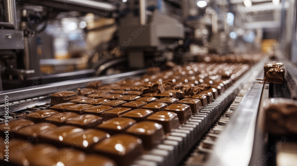 Show the interior of a chocolate factory with machines melting, tempering, and packaging chocolate. Include conveyor belts carrying crafted chocolates to illustrate the mass production process. Show the interior of a chocolate factory with machines melting, tempering, and packaging chocolate. Include conveyor belts carrying crafted chocolates to illustrate the mass production process.