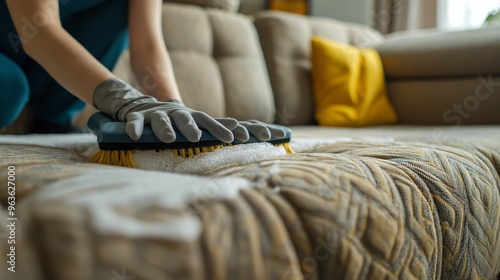 Close-up of a hand in a grey glove scrubbing a couch cushion with a brush and soapy water.