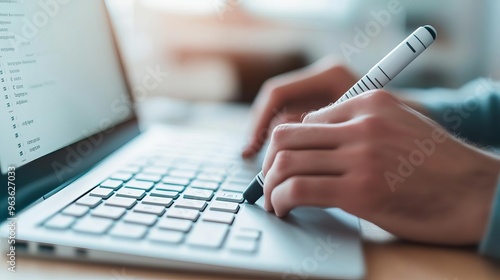 Hands using a digital pen while typing on a keyboard, multitasking, creative tools