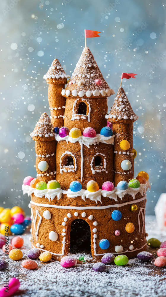 Fototapeta premium A whimsical gingerbread castle decorated with colorful candies evokes joy and celebration.