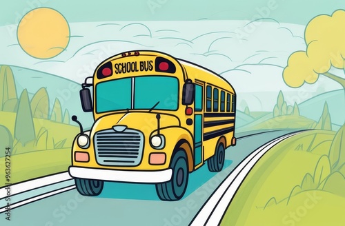 Yellow school bus on scenic rural road in cartoon style illustration photo