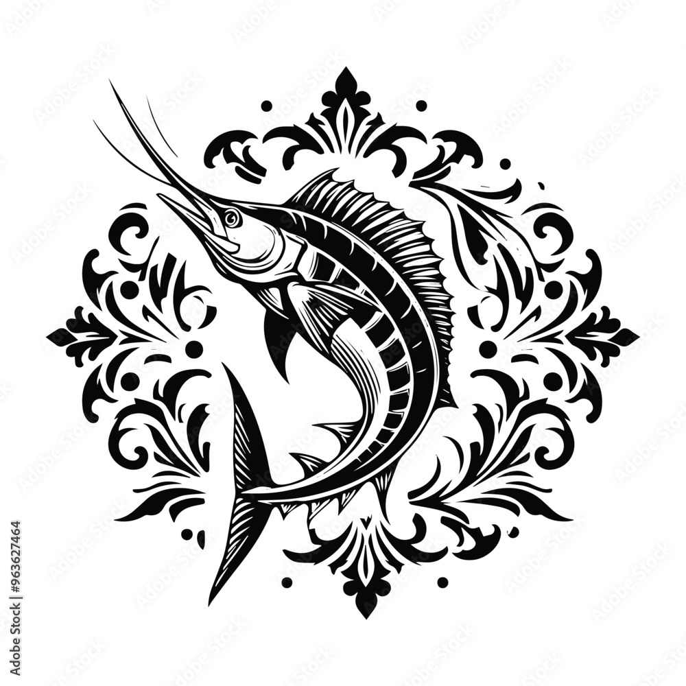 Marlin fish with victorian flourish decoration, stencil logo, black and white animal illustration Marlin fish with victorian flourish decoration, stencil logo, black and white animal illustration