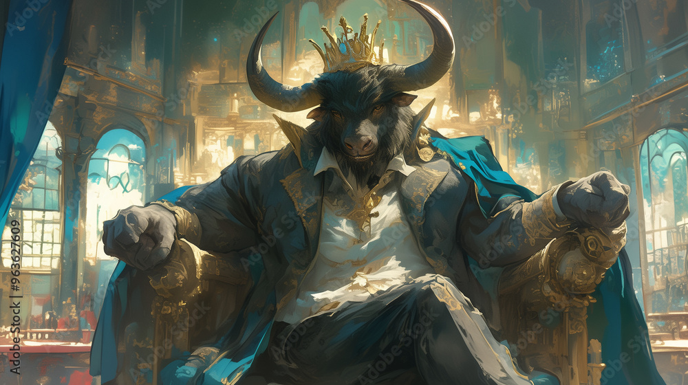 imposing bovine beastfolk king seated on a golden throne in a grand hall with an aura of regal authority and commanding presence imposing bovine beastfolk king seated on a golden throne in a grand hall with an aura of regal authority and commanding presence