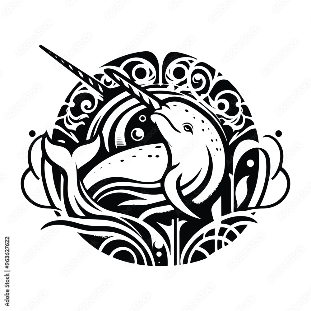Fototapeta premium Narwhal with art nouveau decoration, stencil logo, black and white animal illustration