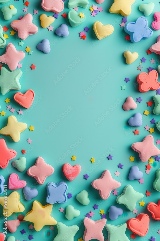 Fototapeta premium Colorful Hearts and Stars on a Blue Background.