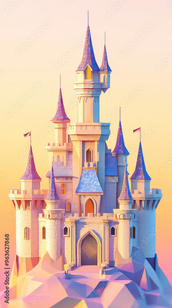 Obraz premium A majestic fairytale castle, bathed in the warm hues of a sunset, evokes a sense of wonder and magic.