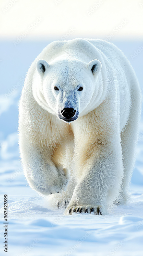 Fototapeta premium A majestic polar bear walks across the tundra in Churchill, Manitoba, its white fur blending seamlessly with the snow. It seems to be both powerful and curious, watching the world around it with its s
