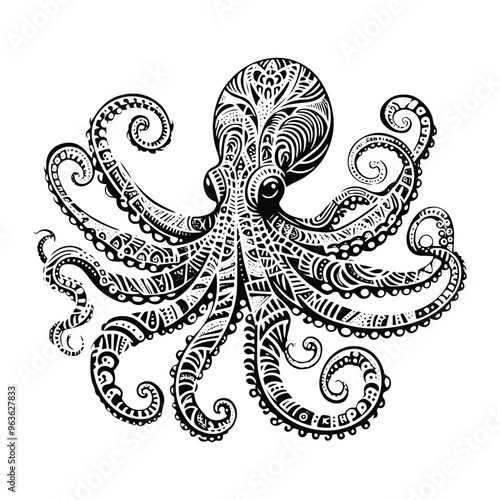 Octopus in zentangle art, stencil logo, black and white animal illustration