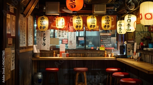 Traditional Japanese Bar Interior with Red Stools and Paper Lanterns