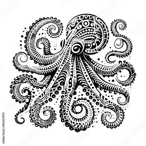 Octopus in zentangle art, stencil logo, black and white animal illustration