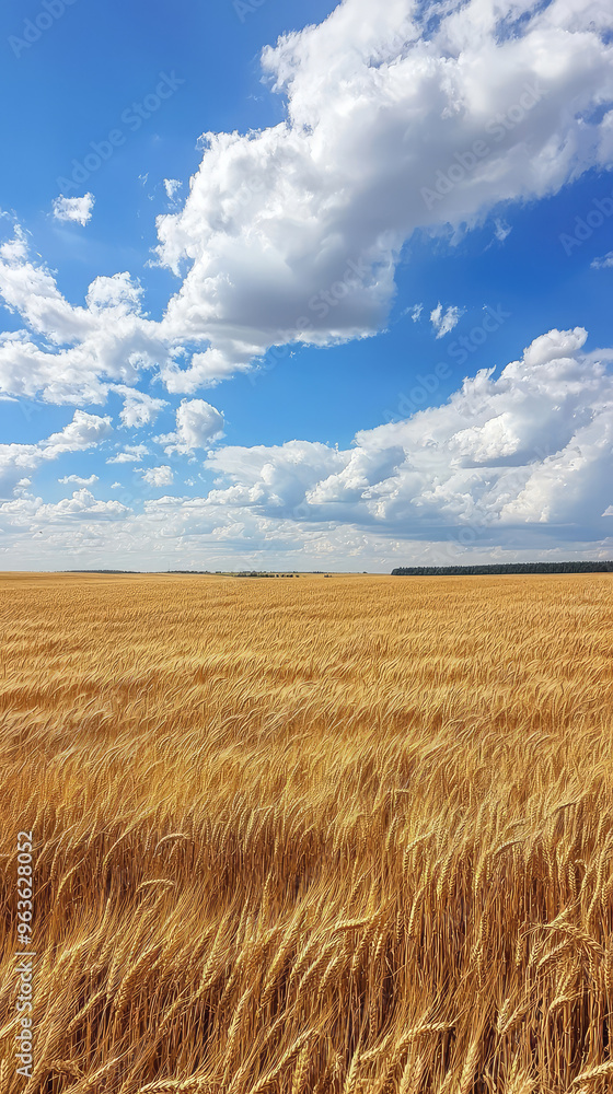 A vast expanse of golden wheat fields stretches out under a bright blue sky dotted with fluffy white clouds. The golden wheat stalks sway gently in the summer breeze, creating a sense of peace and ser A vast expanse of golden wheat fields stretches out under a bright blue sky dotted with fluffy white clouds. The golden wheat stalks sway gently in the summer breeze, creating a sense of peace and ser