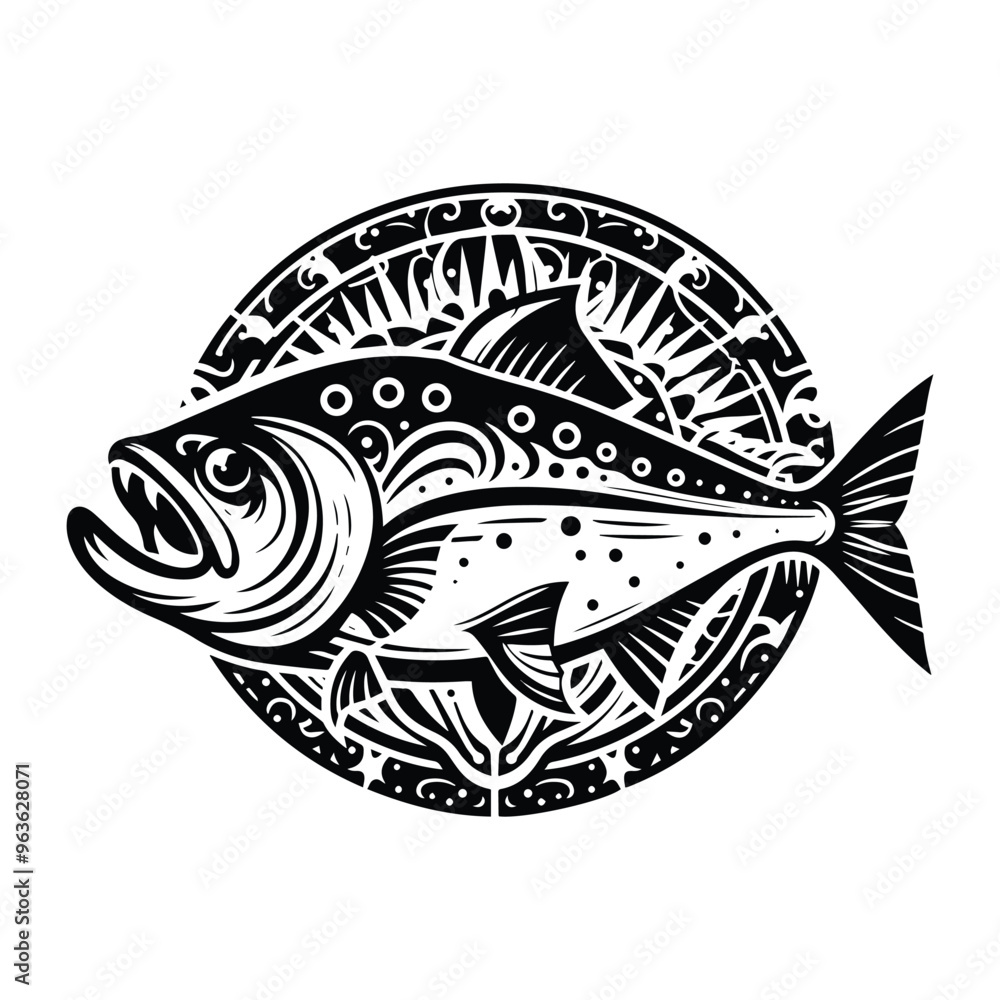 piranha fish with art nouveau decoration, stencil logo, black and white animal illustration piranha fish with art nouveau decoration, stencil logo, black and white animal illustration