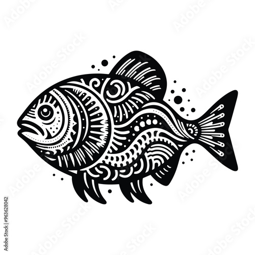 piranha fish in zentangle art, stencil logo, black and white animal illustration