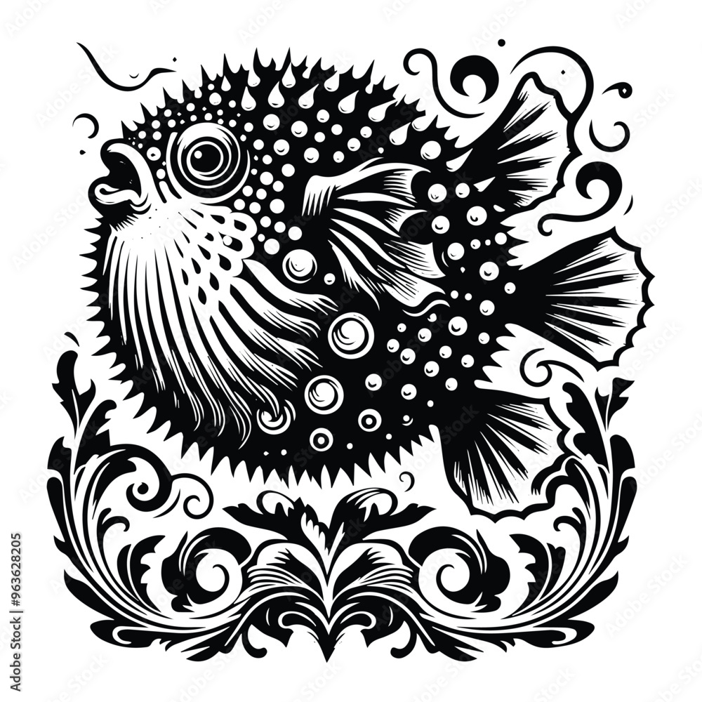 Pufferfish with victorian flourish decoration, stencil logo, black and white animal illustration Pufferfish with victorian flourish decoration, stencil logo, black and white animal illustration