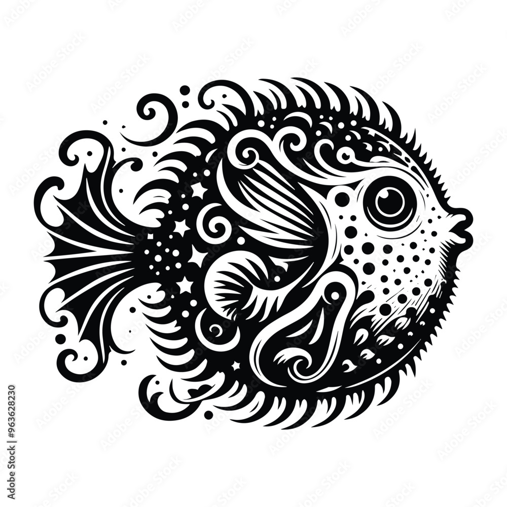 Pufferfish with victorian flourish decoration, stencil logo, black and white animal illustration Pufferfish with victorian flourish decoration, stencil logo, black and white animal illustration