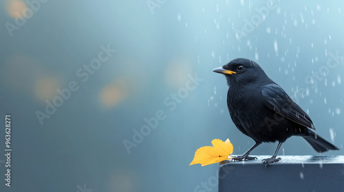 Black bird perched on railing with autumn leaf in rain