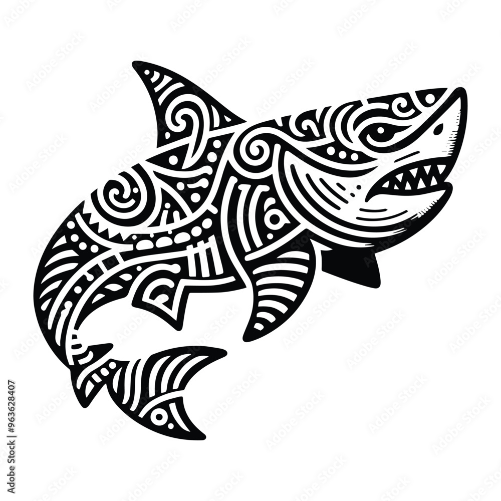 Fototapeta premium Shark fish in zentangle art, stencil logo, black and white animal illustration