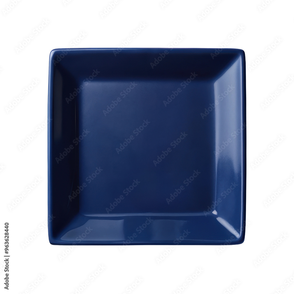 Square blue ceramic dish with a glossy surface, perfect for serving food or as a centerpiece in modern table arrangements. Isolated on transparent background, png. Square blue ceramic dish with a glossy surface, perfect for serving food or as a centerpiece in modern table arrangements. Isolated on transparent background, png.