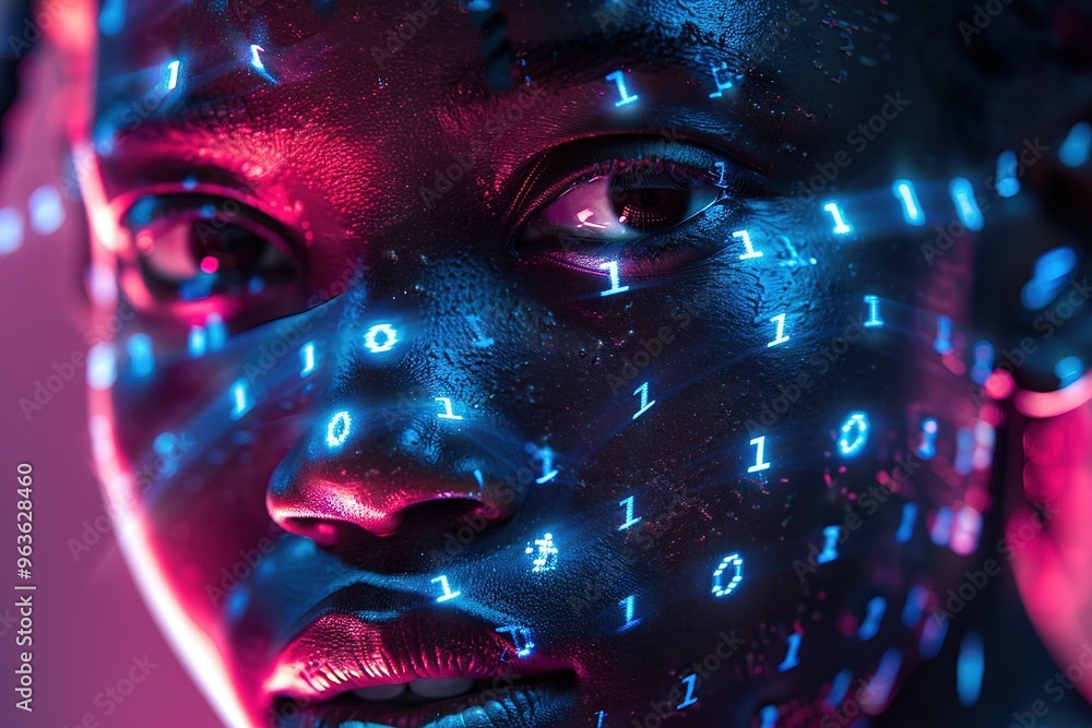 Black Girl Close up with Neon Binary Number on her Face, Ai Generated Black Girl Close up with Neon Binary Number on her Face, Ai Generated