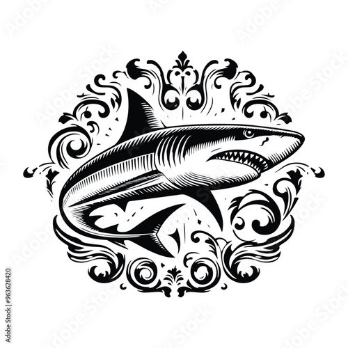 Shark fish with victorian flourish decoration, stencil logo, black and white animal illustration