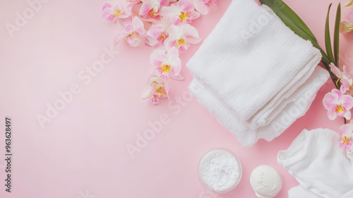 Wallpaper Mural "Laundry concept featuring clean linen and an orchid next to washing powder, set against a pink background. Top view." Torontodigital.ca