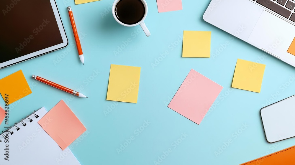 Overhead view of a desk with digital devices and sticky notes, multitasking, hybrid work environment Overhead view of a desk with digital devices and sticky notes, multitasking, hybrid work environment