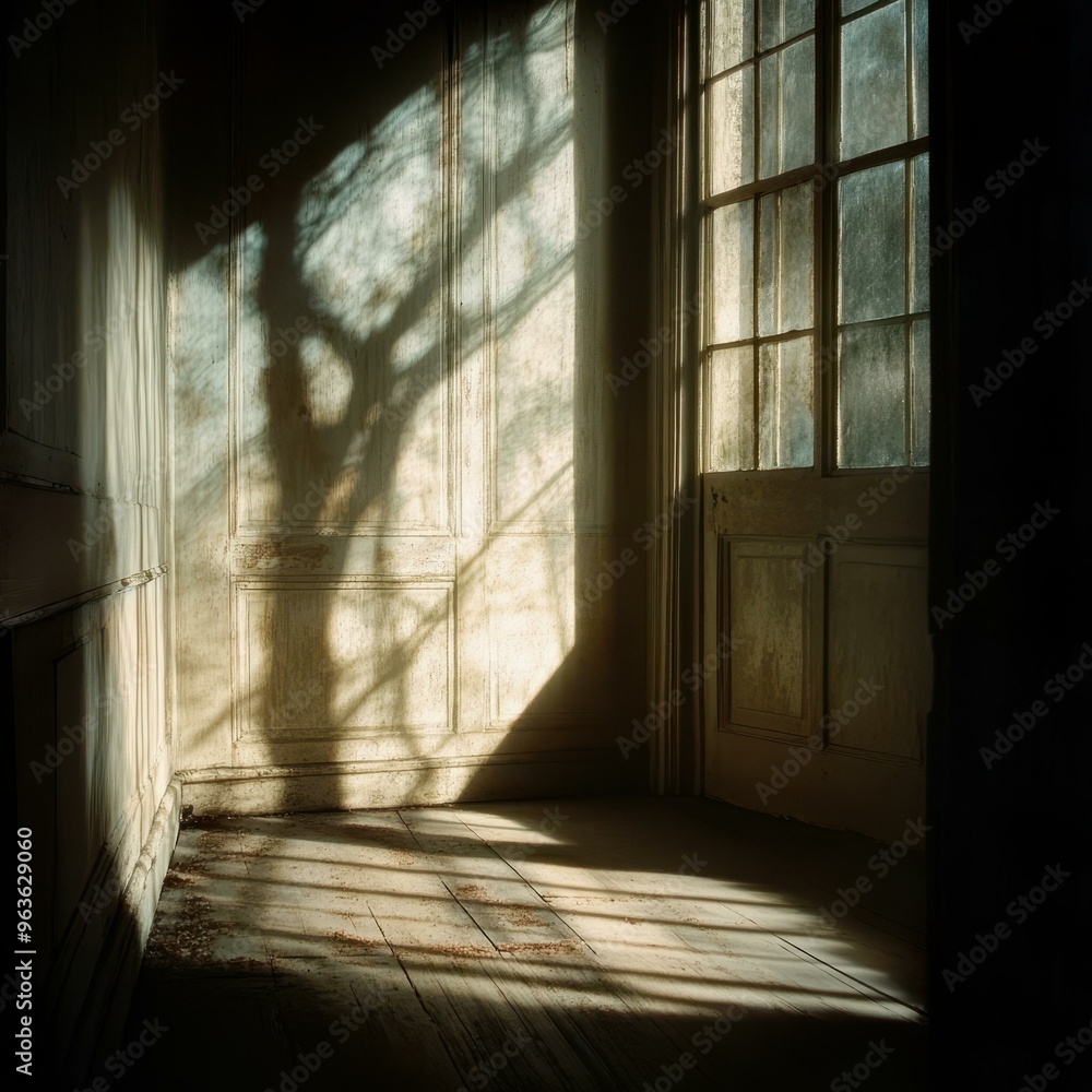 Sunlight streams through an old window, casting intricate tree shadows on weathered wooden floors and pale walls, creating a serene yet mysterious ambiance ideal for themes of nostalgia, solitude Sunlight streams through an old window, casting intricate tree shadows on weathered wooden floors and pale walls, creating a serene yet mysterious ambiance ideal for themes of nostalgia, solitude