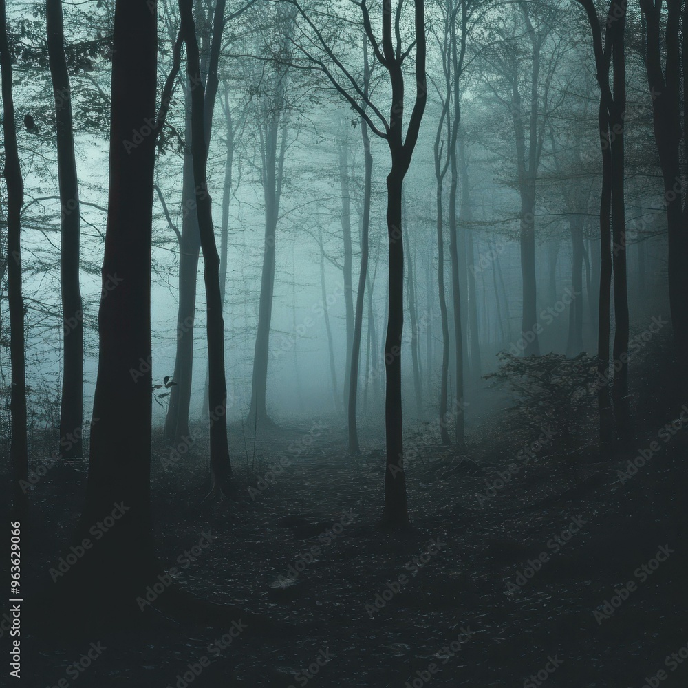 A misty forest characterized by tall, barren trees and a dense fog creating a mysterious, eerie atmosphere, Ideal for use in themes related to nature, mystery, suspense, and fantasy, A misty forest characterized by tall, barren trees and a dense fog creating a mysterious, eerie atmosphere, Ideal for use in themes related to nature, mystery, suspense, and fantasy,