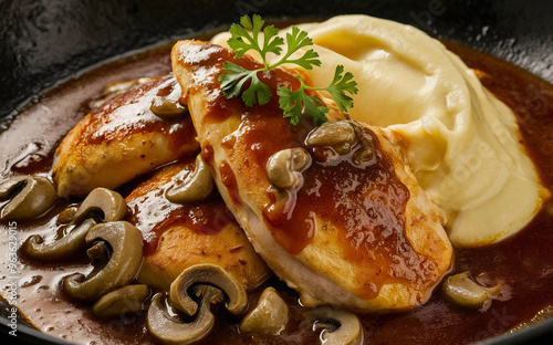 Chicken Marsala, featuring tender chicken breasts sautéed in a rich, glossy Marsala wine sauce with mushrooms. photo