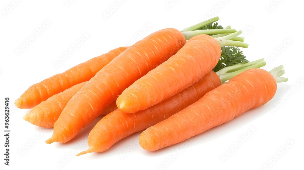Realistic arrangement of fresh carrots on a white background, focusing on their bright orange color and smooth, tapered shape Realistic arrangement of fresh carrots on a white background, focusing on their bright orange color and smooth, tapered shape