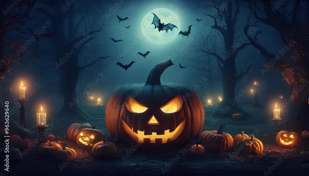 halloween background - scary forest at night, pumpkins, skulls, cemetery, moon halloween background - scary forest at night, pumpkins, skulls, cemetery, moon