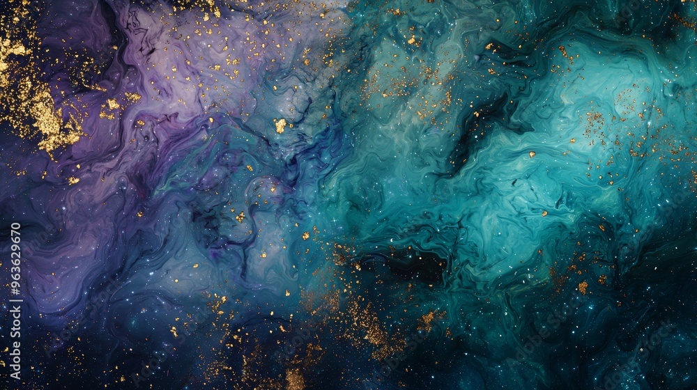 Abstract colorful background with gold glitter resembling a galaxy with shining stars, clouds of turquoise and purple nebulae Abstract colorful background with gold glitter resembling a galaxy with shining stars, clouds of turquoise and purple nebulae