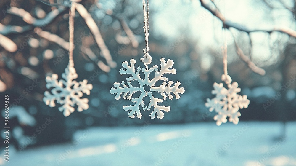 A snow-covered tree with snowflakes dangling from its branches in a winter park A snow-covered tree with snowflakes dangling from its branches in a winter park
