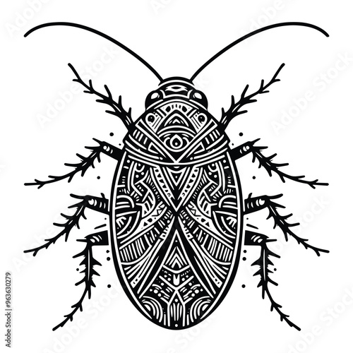 cockroach insect in zentangle art, stencil logo, black and white animal illustration