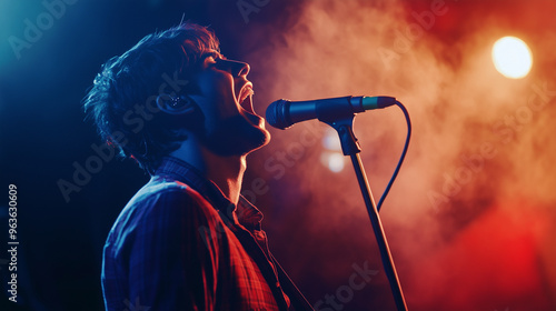 A singer with an emotional expression sings into a microphone on stage. Colorful lights and smoke surround him, creating a musical performance atmosphere