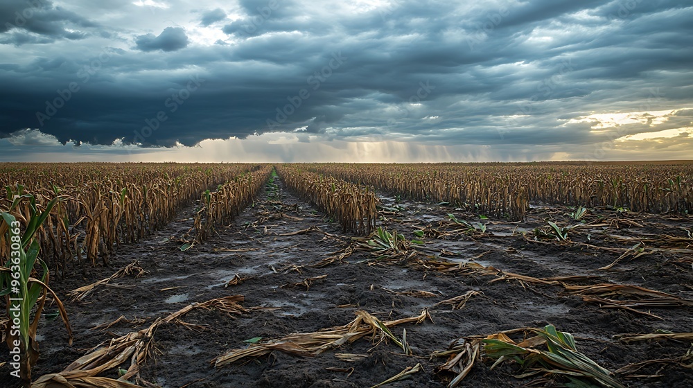 Crops devastated by a severe storm with flattened fields, representing climate unpredictability with open sky areas for text. Crops devastated by a severe storm with flattened fields, representing climate unpredictability with open sky areas for text.