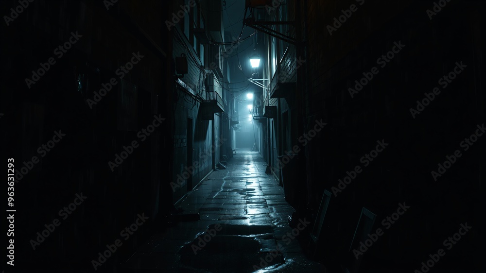 Dark and misty alleyway at night with illuminated streetlights and wet pavement in an urban setting Dark and misty alleyway at night with illuminated streetlights and wet pavement in an urban setting