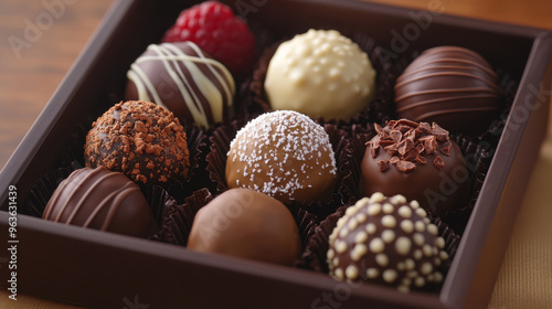 Show a luxurious display of chocolate truffles with raspberry, caramel, and hazelnut fillings. Include coatings like cocoa powder, powdered sugar, and nuts, arranged in an elegant box.