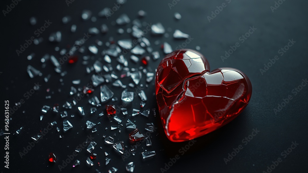 A shattered red glass heart lies amidst scattered shards on a dark surface, capturing the theme of heartbreak and fragility A shattered red glass heart lies amidst scattered shards on a dark surface, capturing the theme of heartbreak and fragility