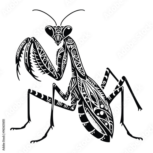 Mantis insect in zentangle art, stencil logo, black and white animal illustration